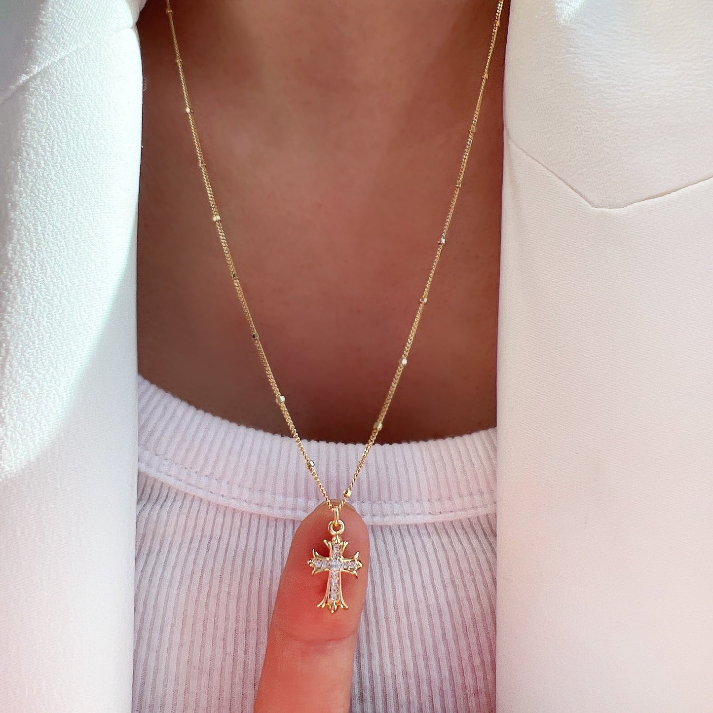 Cross Pendant Long Station Dot Chain Necklace