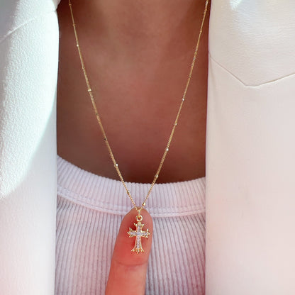Cross Pendant Long Station Dot Chain Necklace