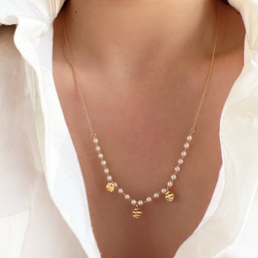 Pearl Bead Ball Gold Disc Charm Long Chain Necklace
