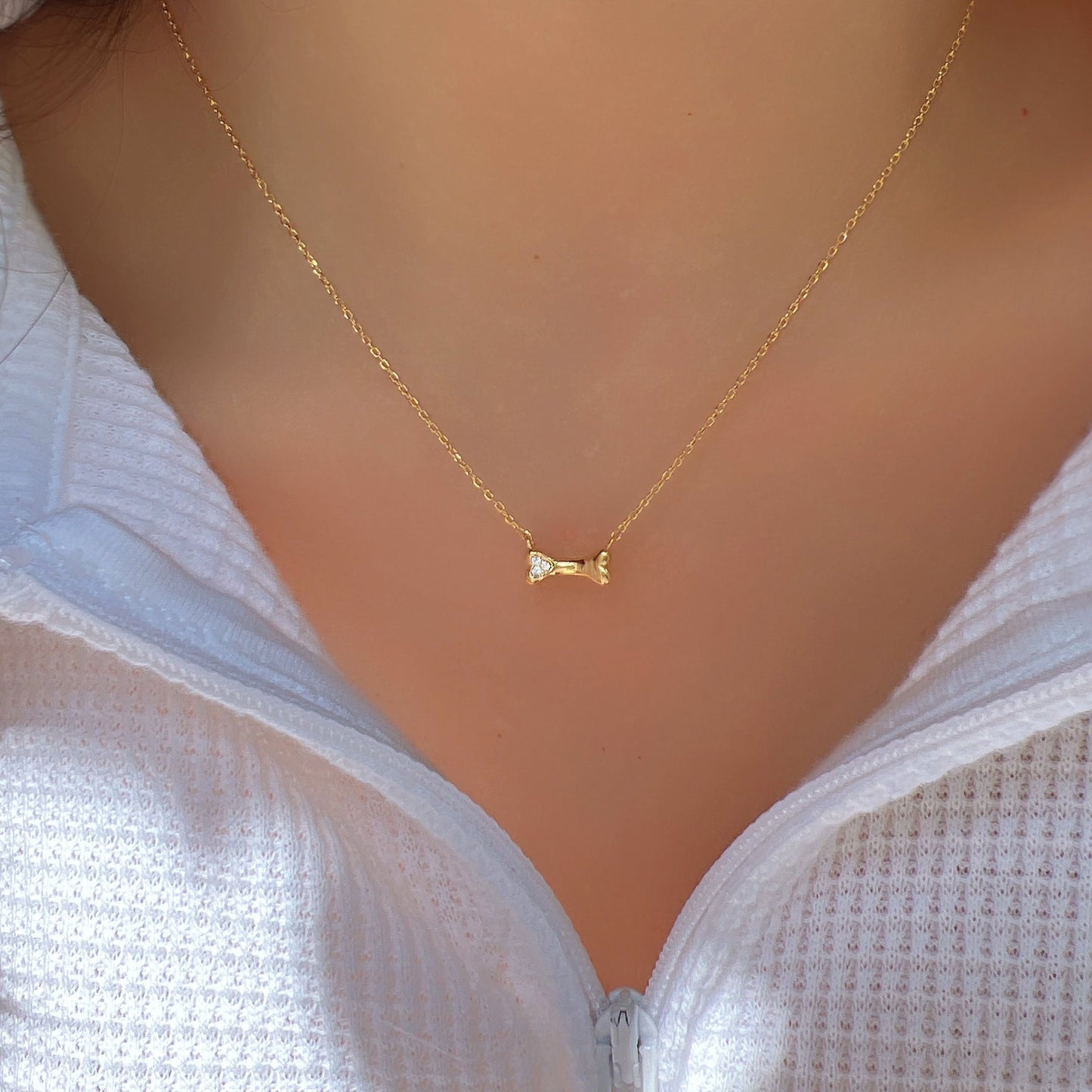 Mini Dog Bone Pendant Cubic Zirconia Necklace