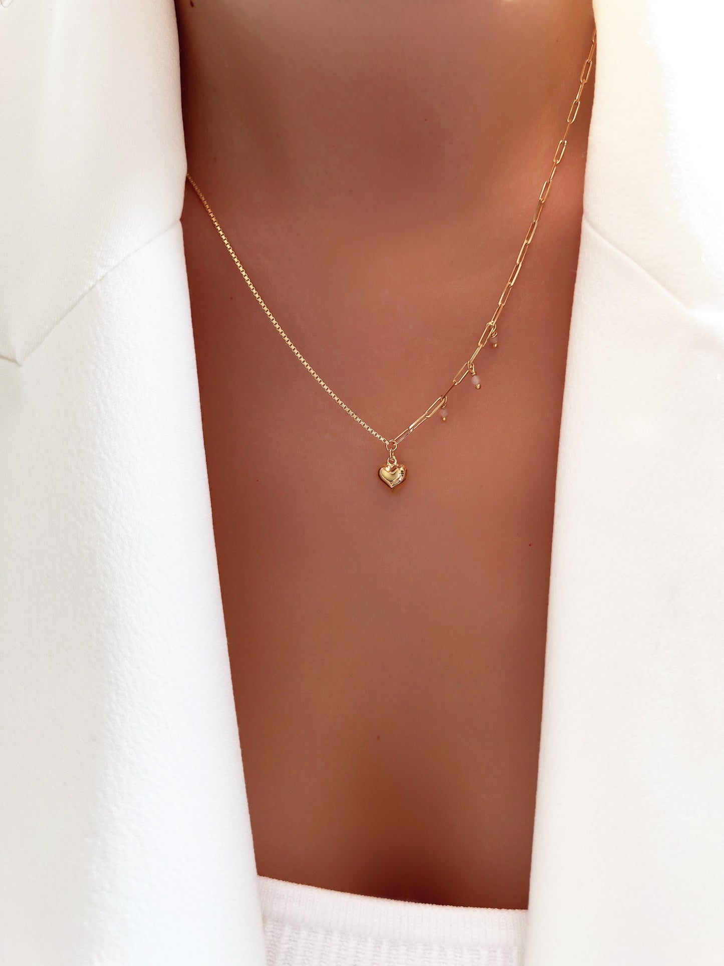 Half Box Chain Half Paperclip Chain Bold Heart Pendant Necklace
