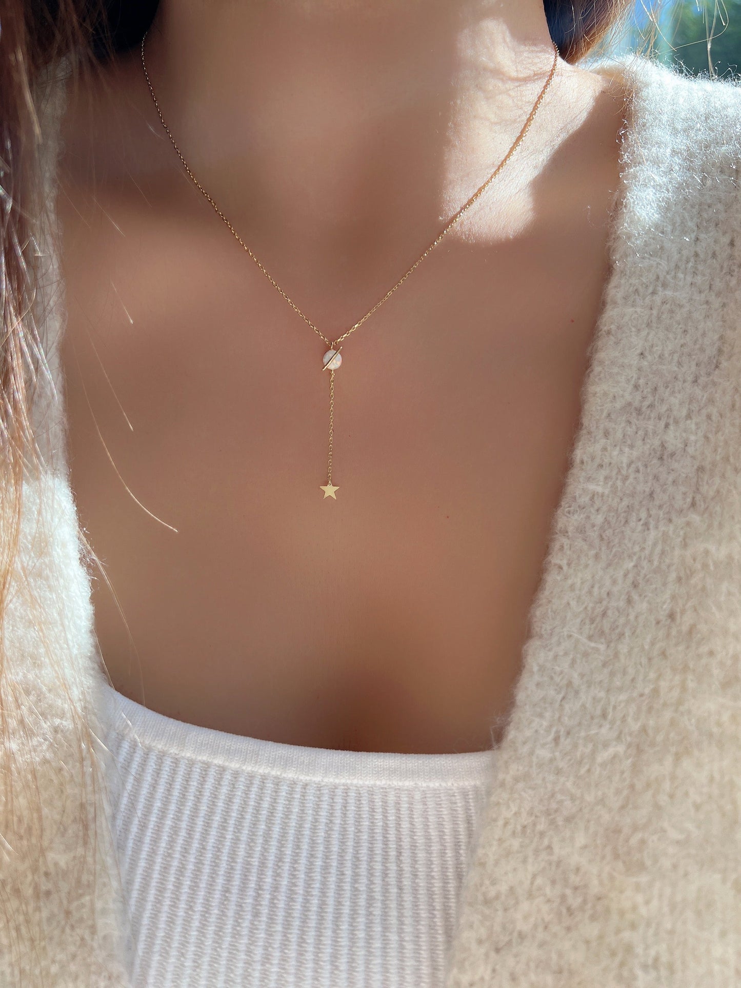 Opal Stone Belt Stud Y Lariat Dangle Star Charm Necklace
