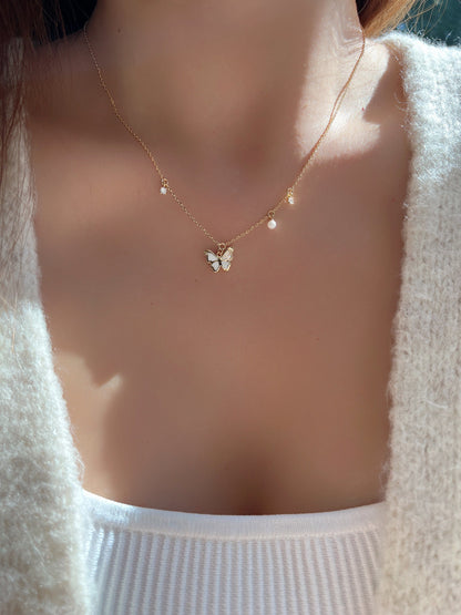 Butterfly Enamel CZ Stone Pearl Charm Necklace