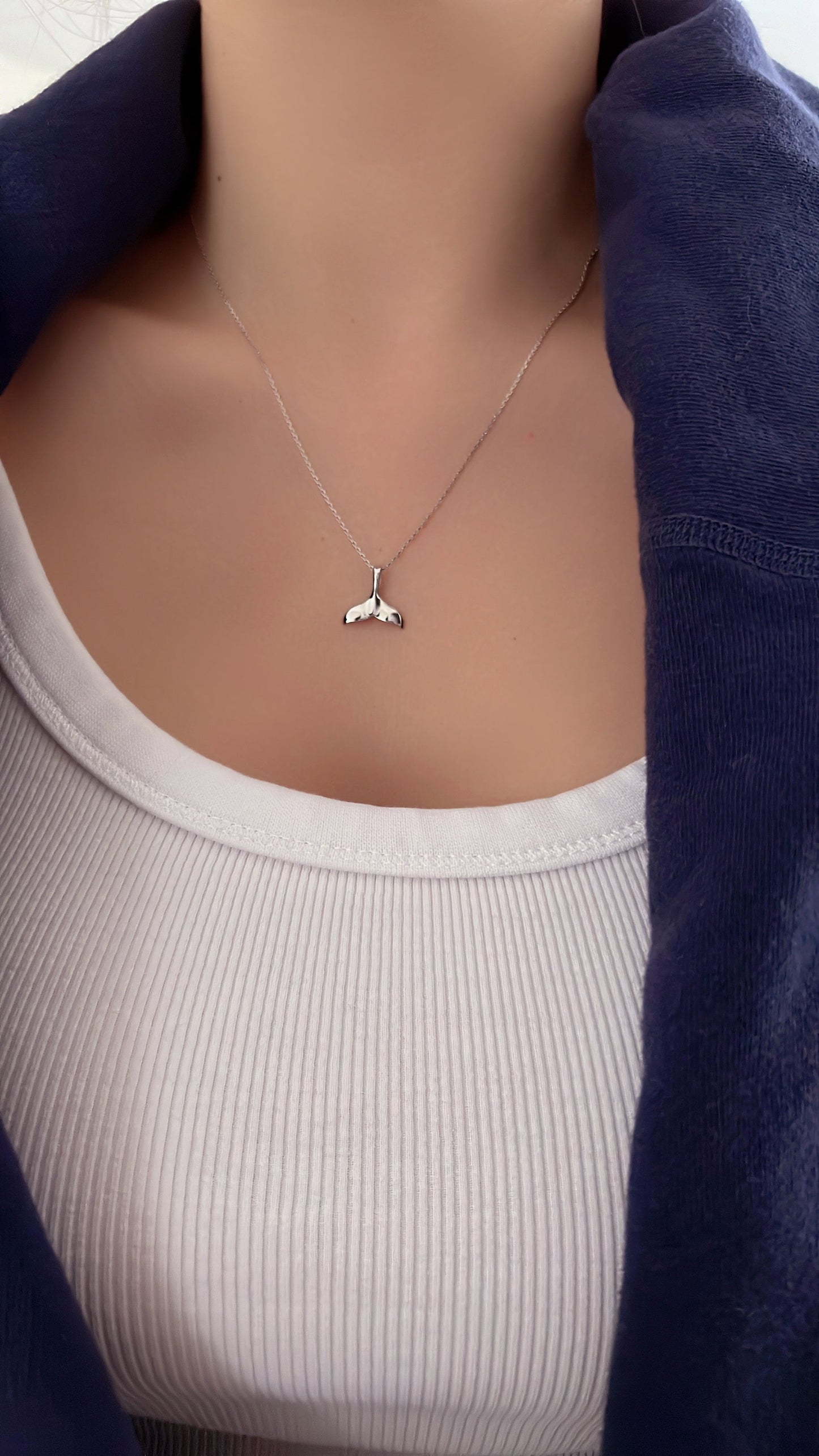 Whale Tail Charm 925 Silver Long Chain Necklace