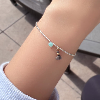 Silver Seed Beaded Bracelets Tiny Tassel with Gemstone