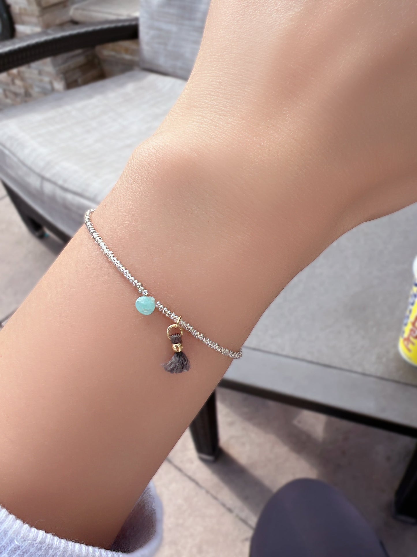 Silver Seed Beaded Bracelets Tiny Tassel with Gemstone