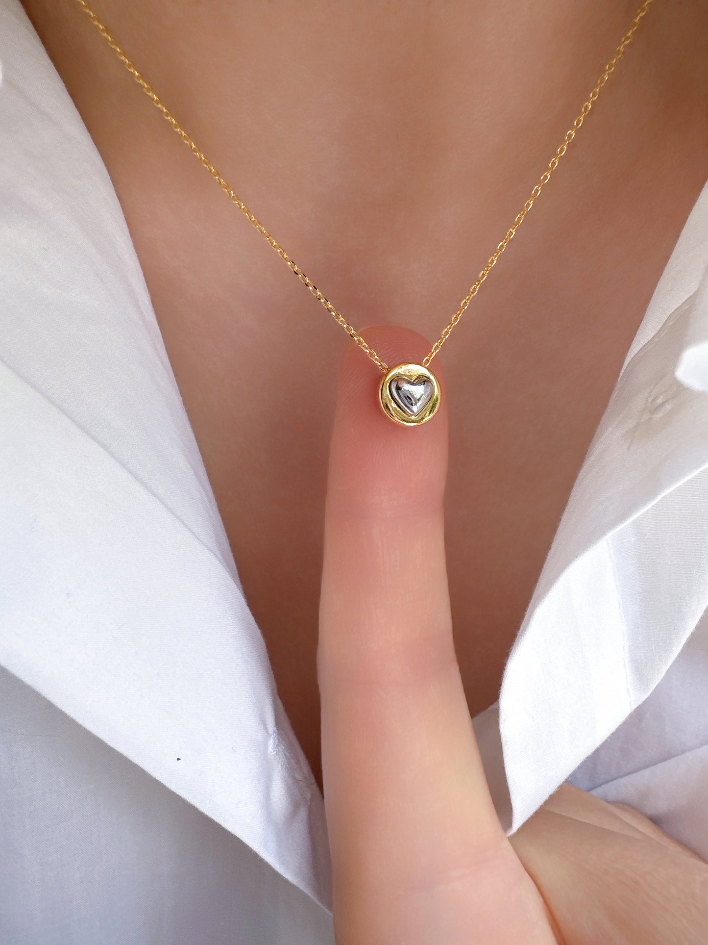 Two Tone Heart Tiny Disc Pendant Necklace