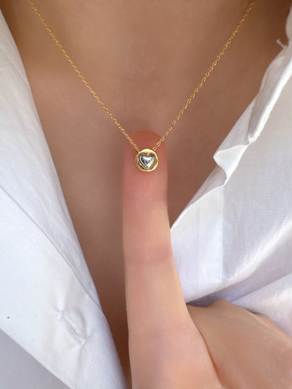 Two Tone Heart Tiny Disc Pendant Necklace