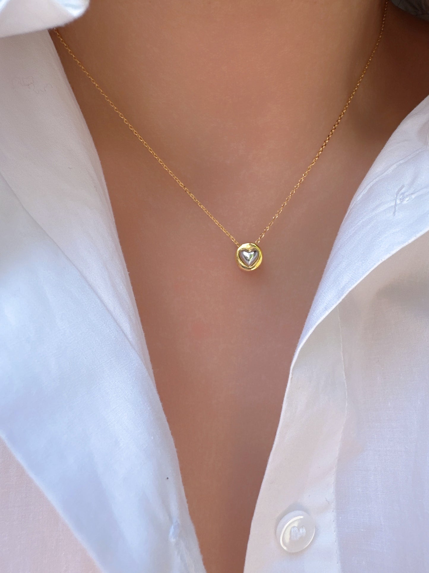 Two Tone Heart Tiny Disc Pendant Necklace