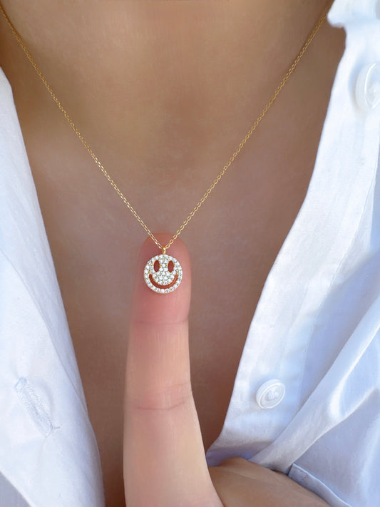 Smiley Face Cubic Zirconia Pace Necklace Solid 925 Silver