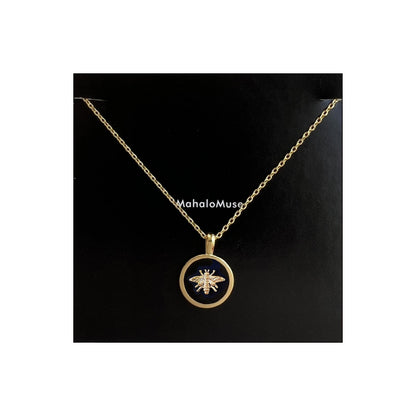 Bee Coin Pendant Black White Gold Circle Necklace