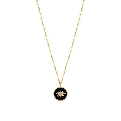 Bee Coin Pendant Black White Gold Circle Necklace