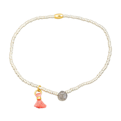 Silver Seed Beaded Bracelets Tiny Tassel with Gemstone