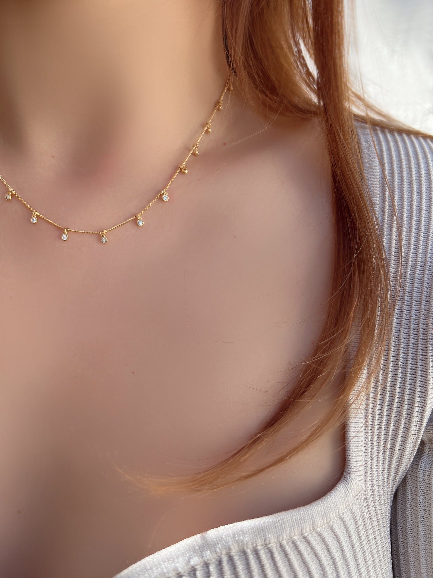 Bezel Cubic Zirconia Charm Station Necklace