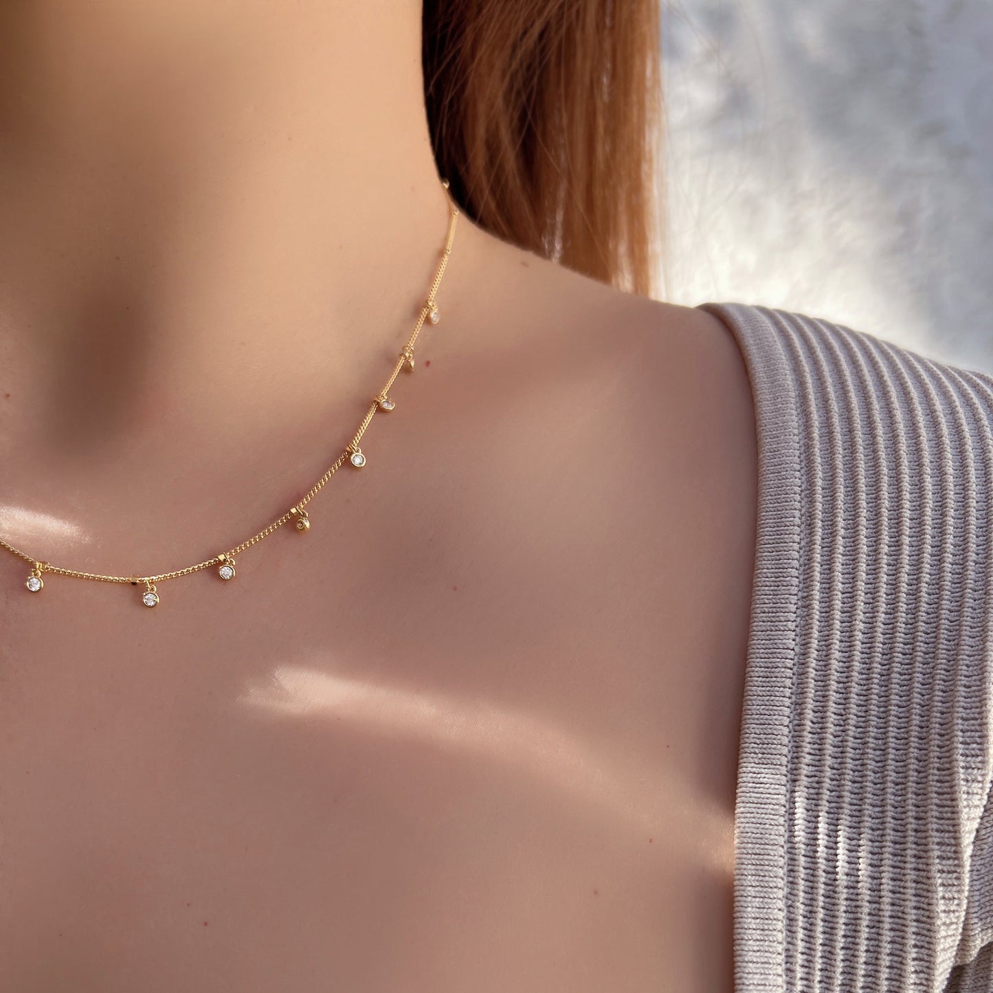 Bezel Cubic Zirconia Charm Station Necklace