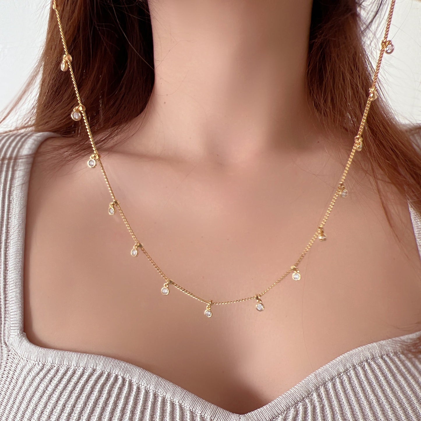 Bezel Cubic Zirconia Charm Station Necklace