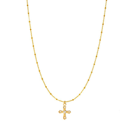 Cross CZ Dot Ball Bead Station Chain Necklace