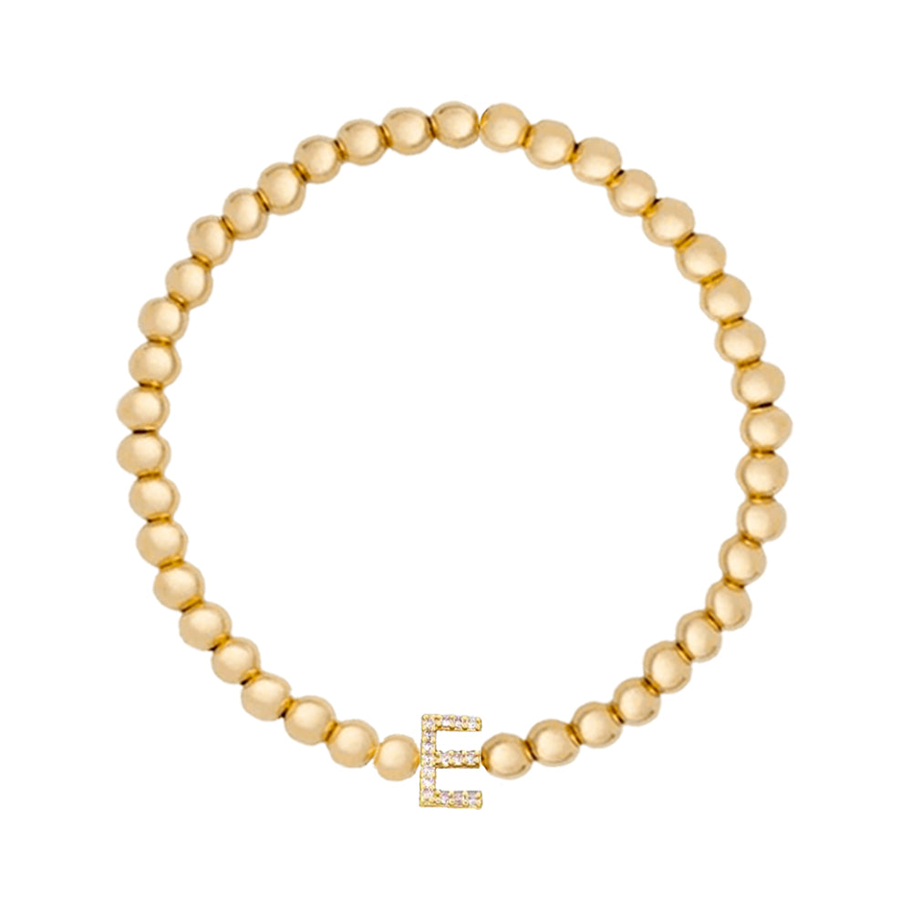 Gold Ball Beaded Bracelet Initial Cubic Zirconia