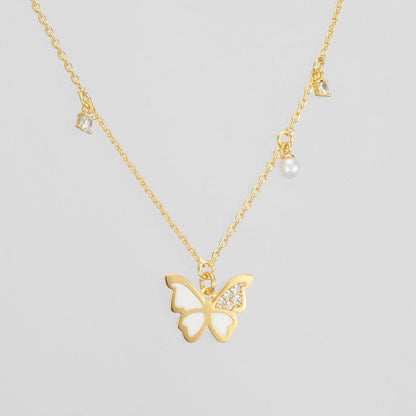 Butterfly Enamel CZ Stone Pearl Charm Necklace