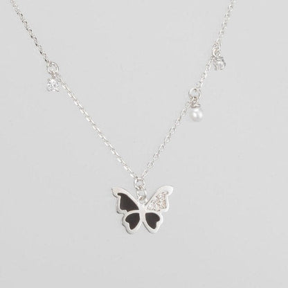 Butterfly Enamel CZ Stone Pearl Charm Necklace