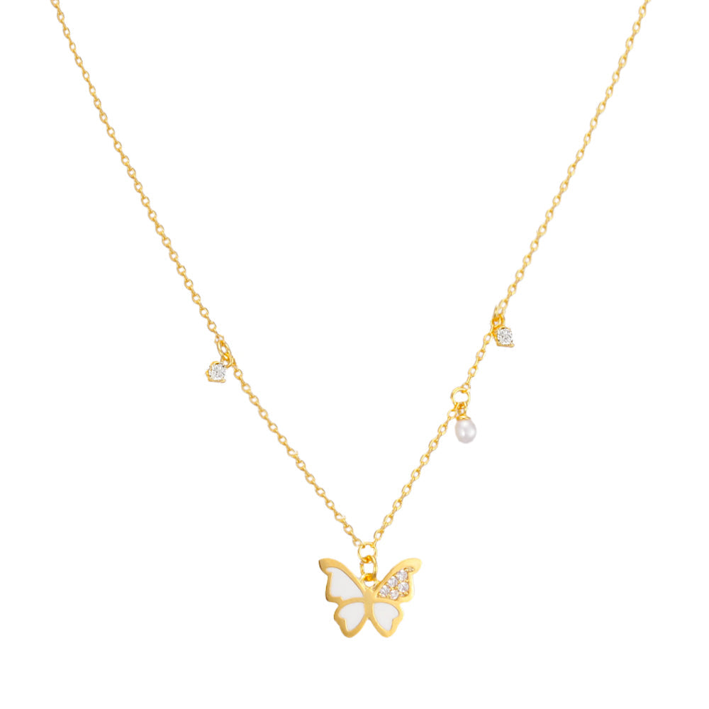 Butterfly Enamel CZ Stone Pearl Charm Necklace