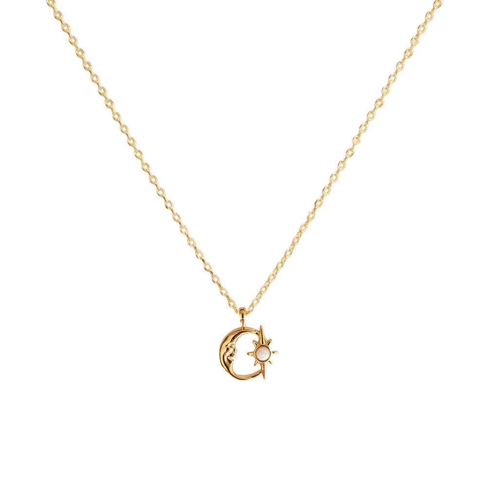 Crescent Moon Opal Burst Hollow Disc Necklace