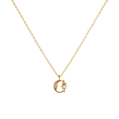 Crescent Moon Opal Burst Hollow Disc Necklace
