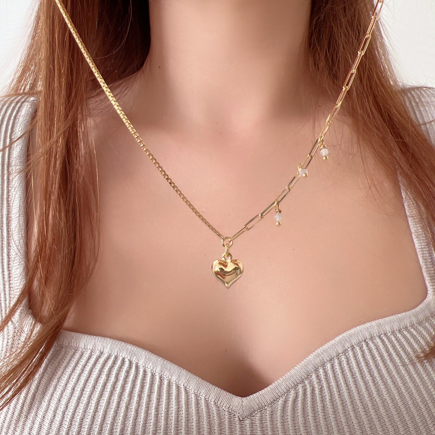 Half Box Chain Half Paperclip Chain Bold Heart Pendant Necklace