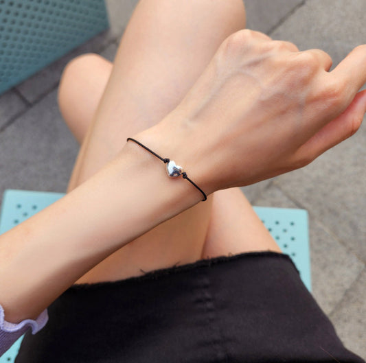 Heart Solid 925 Silver Ball Black Cord Bracelet