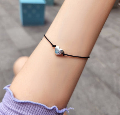 Heart Solid 925 Silver Ball Black Cord Bracelet