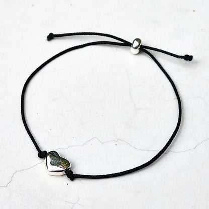 Heart Solid 925 Silver Ball Black Cord Bracelet