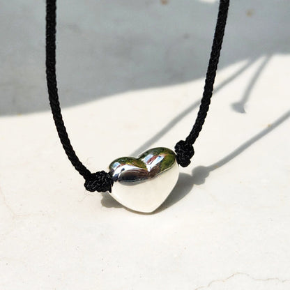 Heart Solid 925 Silver Ball Black Cord Bracelet