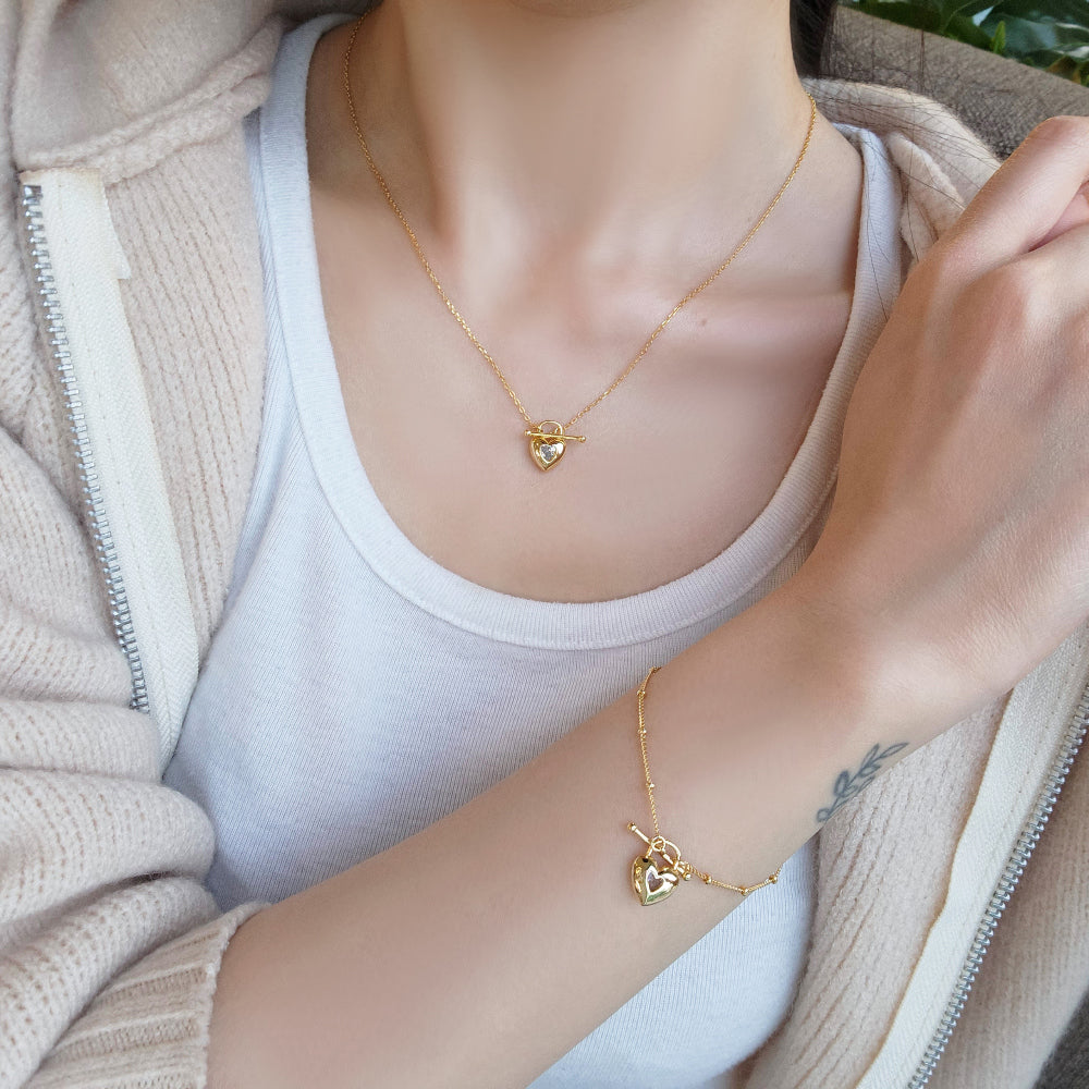 Heart Lock Toggle Bar Pendant Necklace