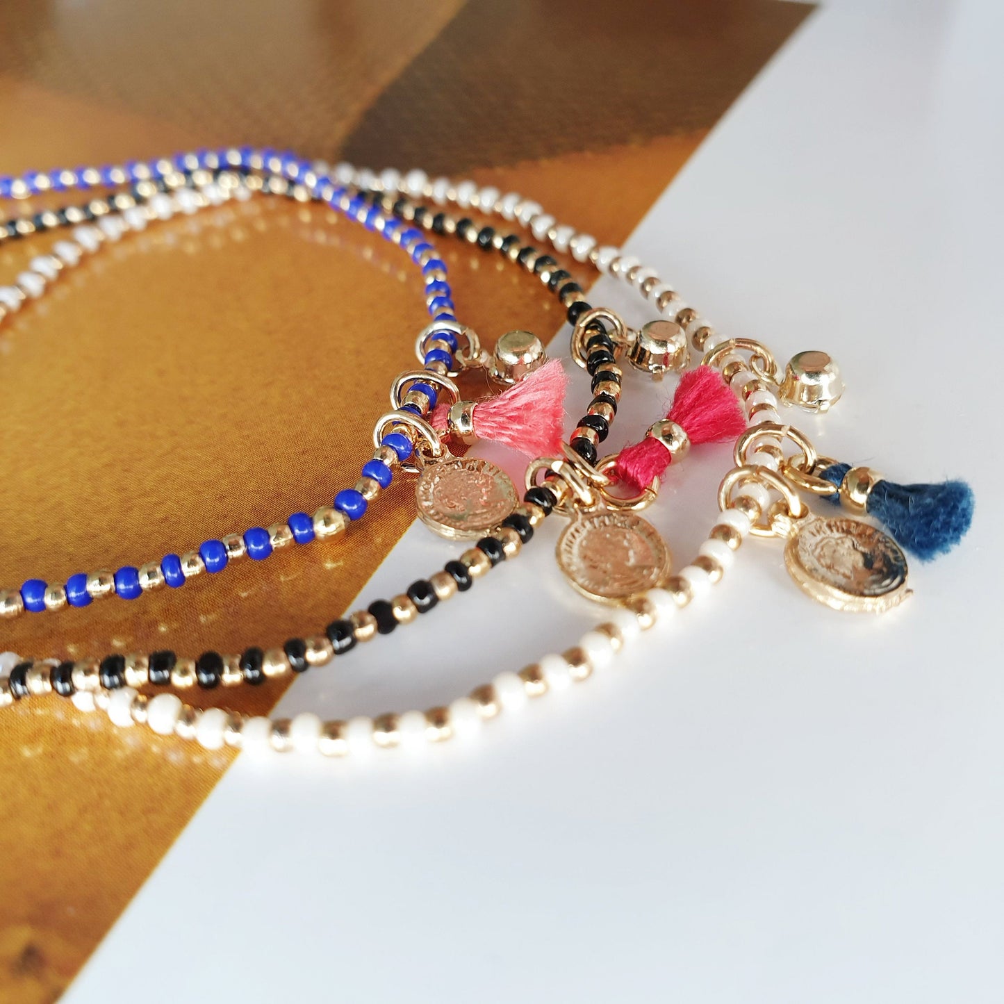 Seed Beaded Bracelet Tassel Tiny Coin Crystal Charm