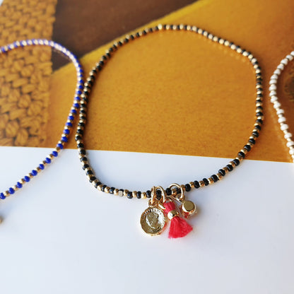 Seed Beaded Bracelet Tassel Tiny Coin Crystal Charm