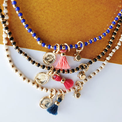 Seed Beaded Bracelet Tassel Tiny Coin Crystal Charm