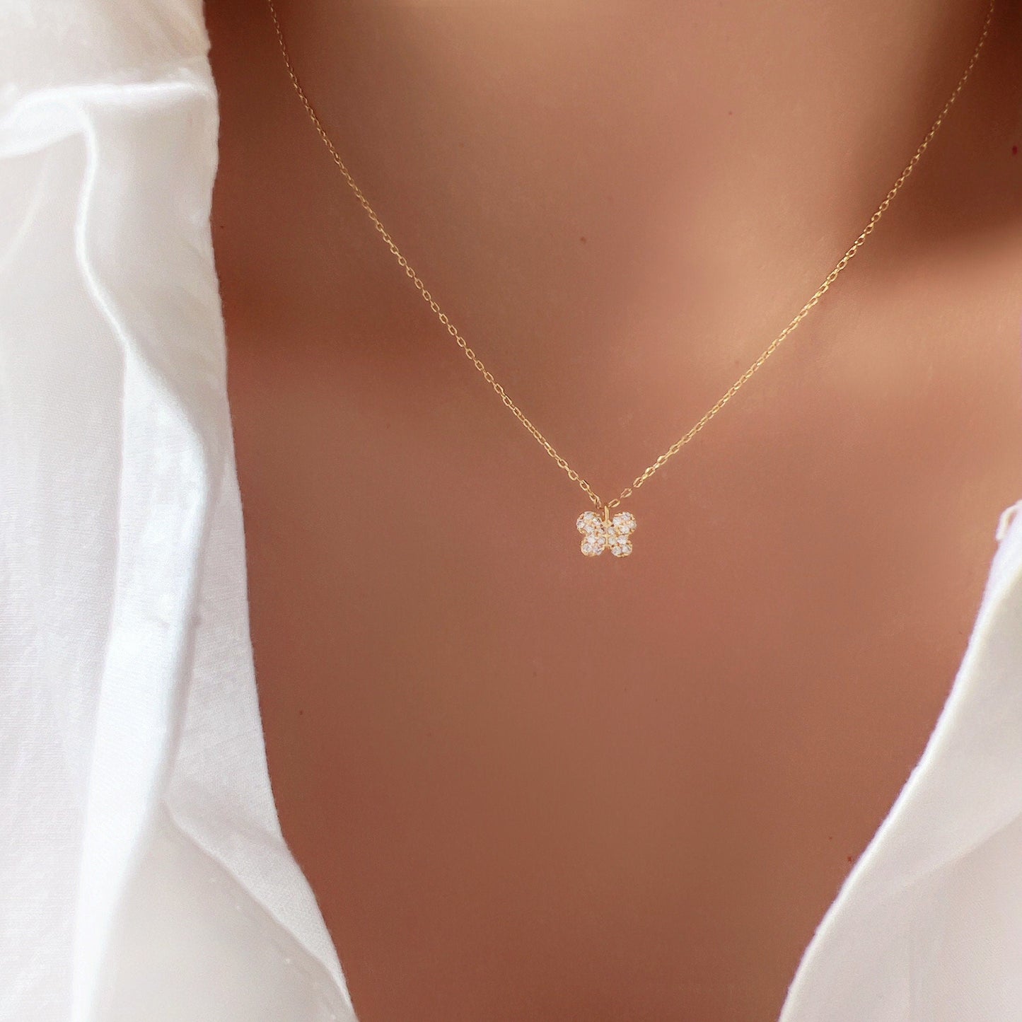 Butterfly CZ Round Tiny Pendant Necklace