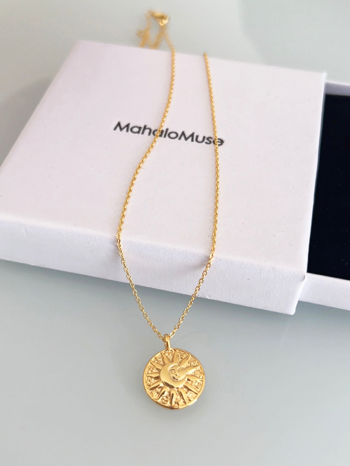 Sun Crescent Moon Medallion Coin Disc Necklace