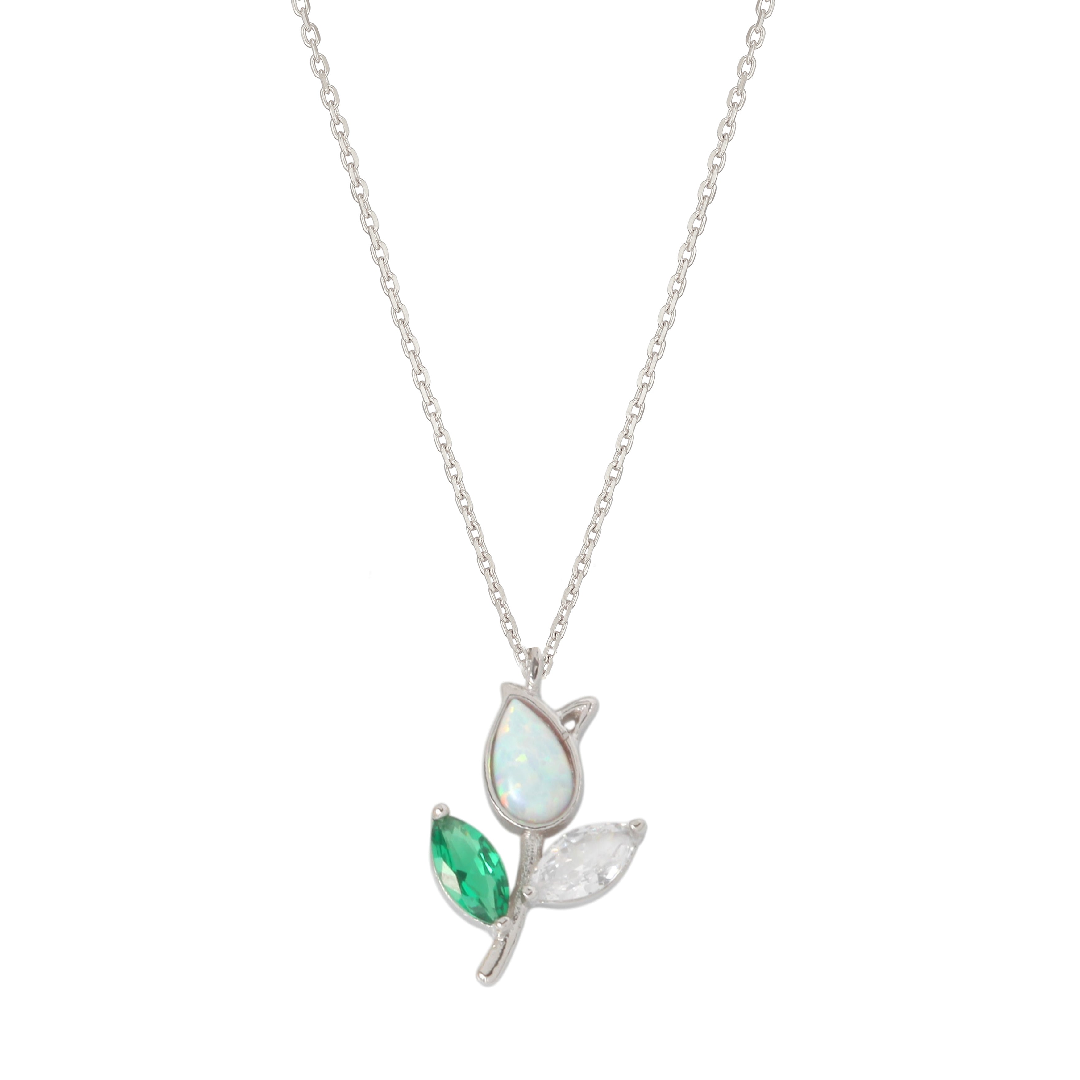 Tulip Opal Stone Green Leaf Necklace