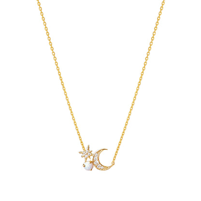 Moon Star Pearl Opal Stone Stud Necklace