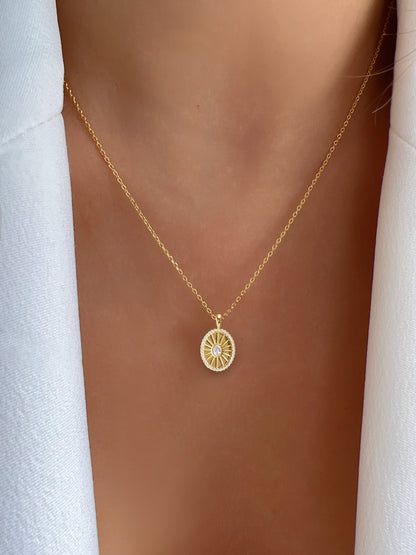 Oval Burst CZ Disc Pendant Necklace