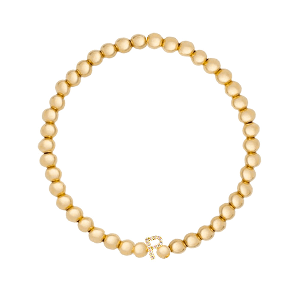 Gold Ball Beaded Bracelet Initial Cubic Zirconia