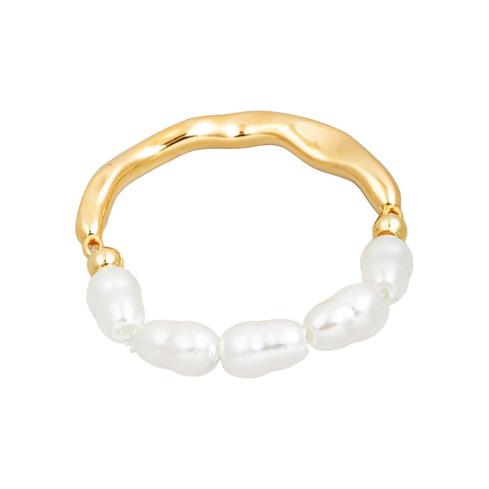 Half Gold Band Half Pearl Beaded Stretch Ring