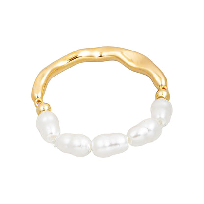 Half Gold Band Half Pearl Beaded Stretch Ring