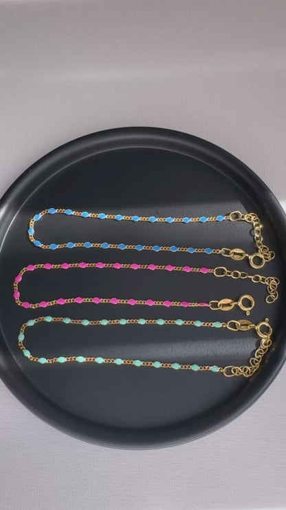 Color Enamel Bead Station Chain Bracelet Solid Silver