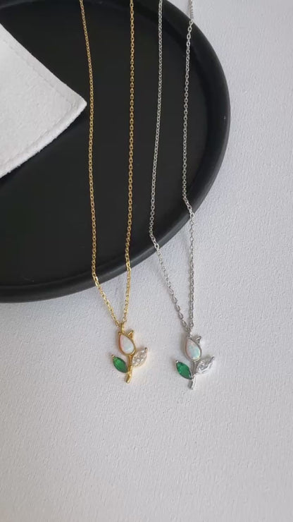 Tulip Opal Stone Green Leaf Necklace