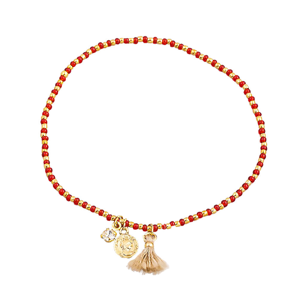 Seed Beaded Bracelet Tassel Tiny Coin Crystal Charm