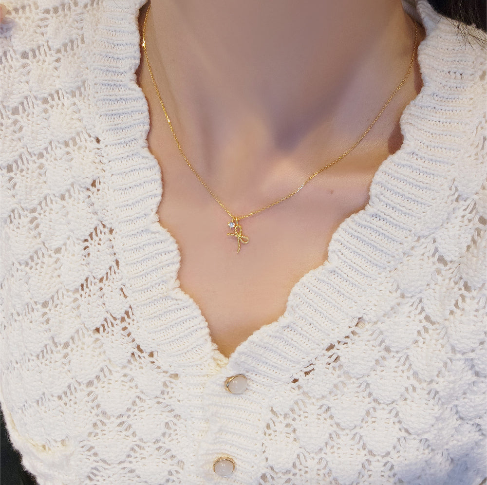 Twisted Rope Ribbon with CZ Charm Necklace