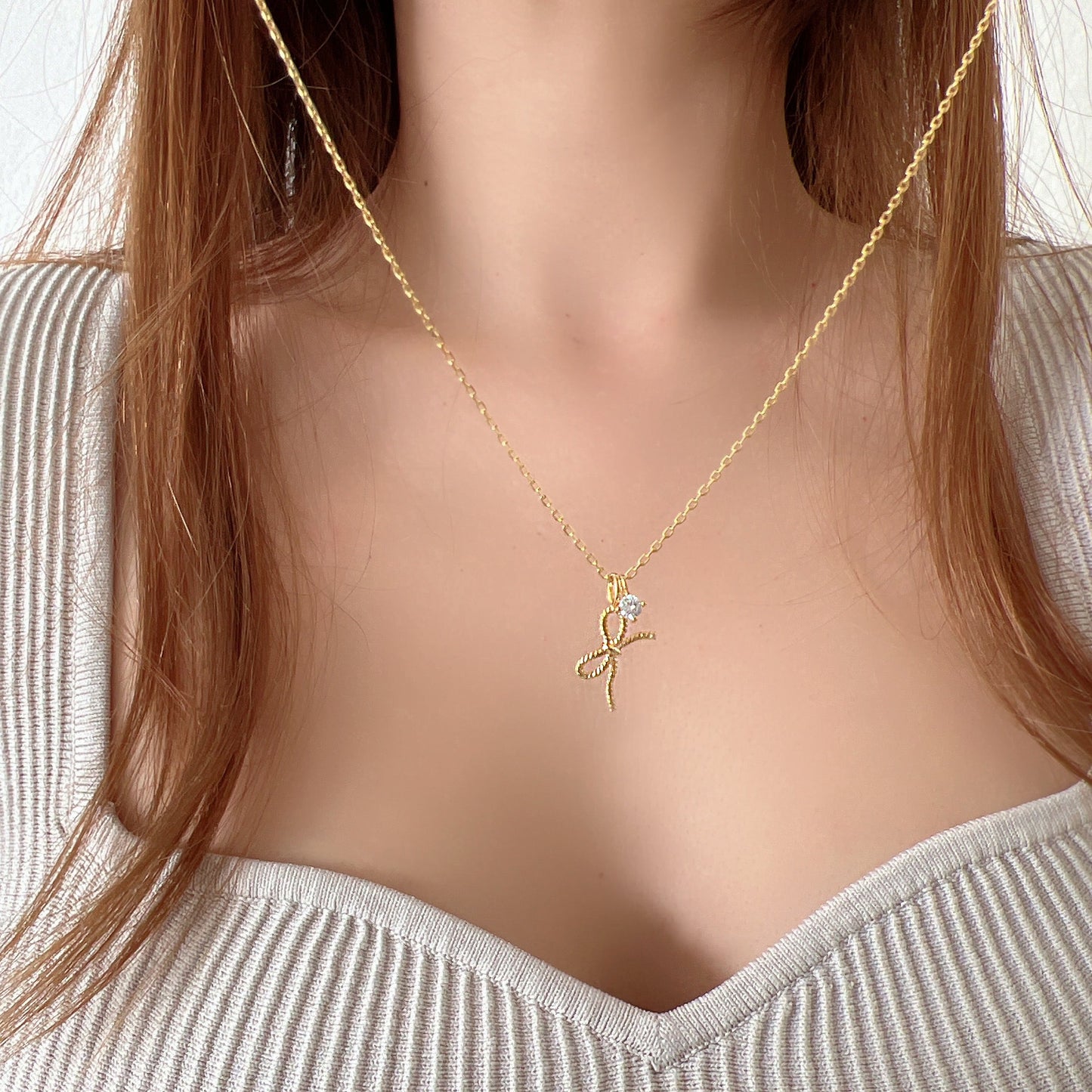 Twisted Rope Ribbon with CZ Charm Necklace