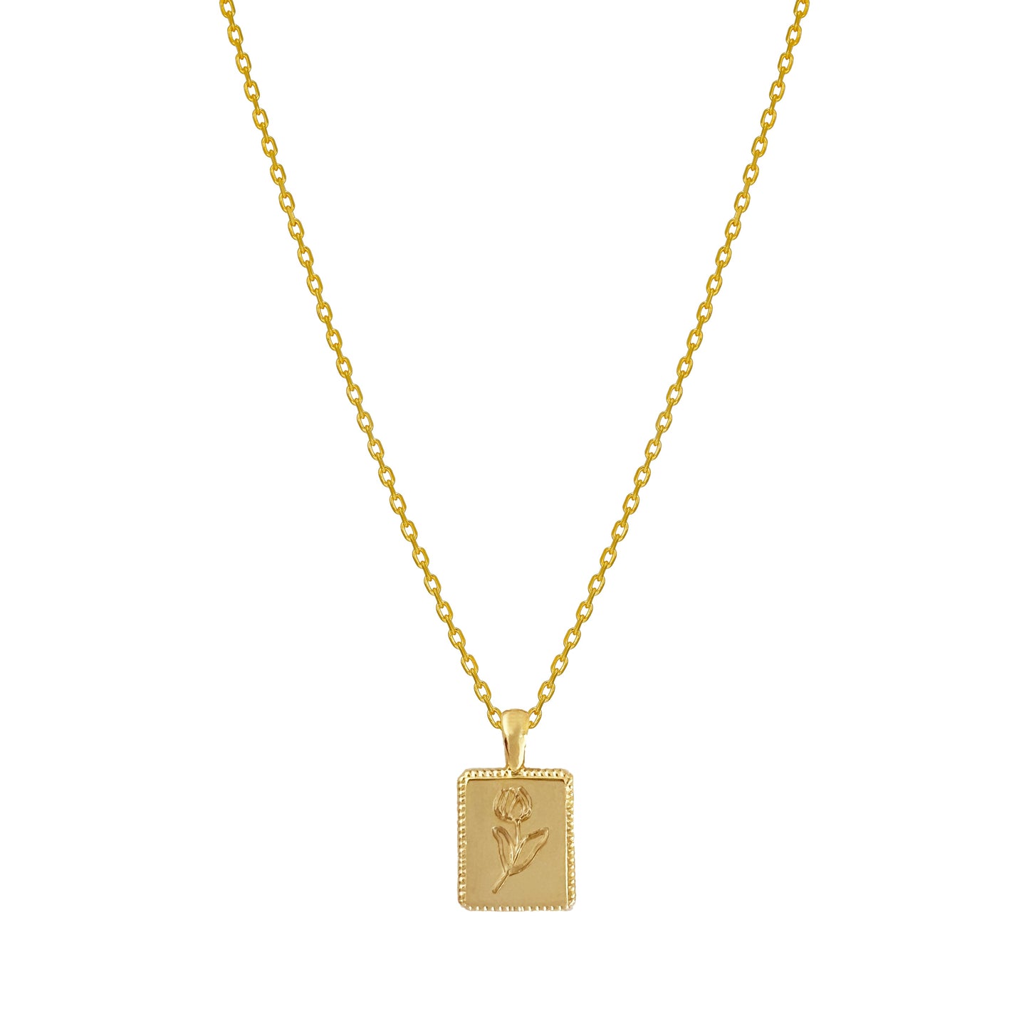 Flower Engraved Square Charm Necklace